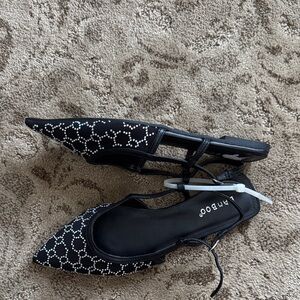 BAMBOO Black Pointed Toe Studded Slingback Flats